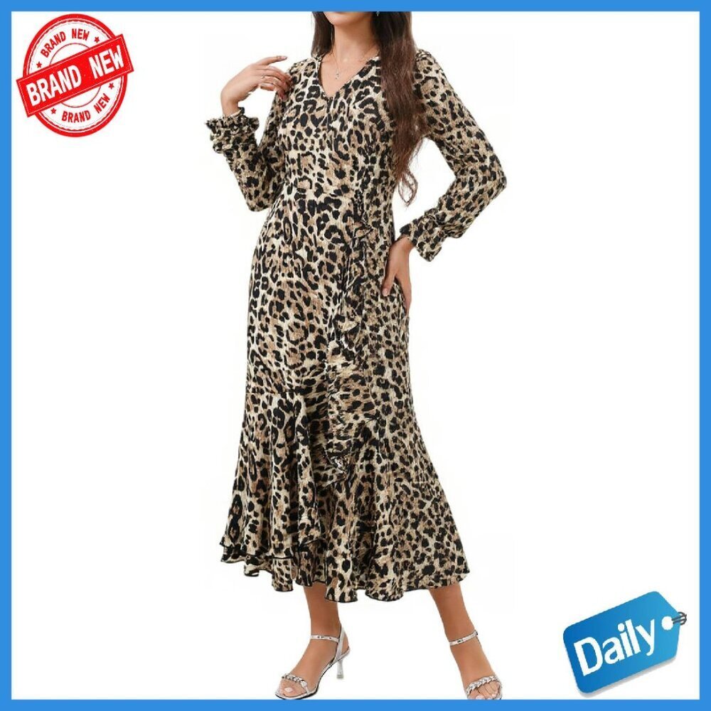 Long Sleeve V Neck Maxi Dress Ruffle Hem Asymmetrical Flowy